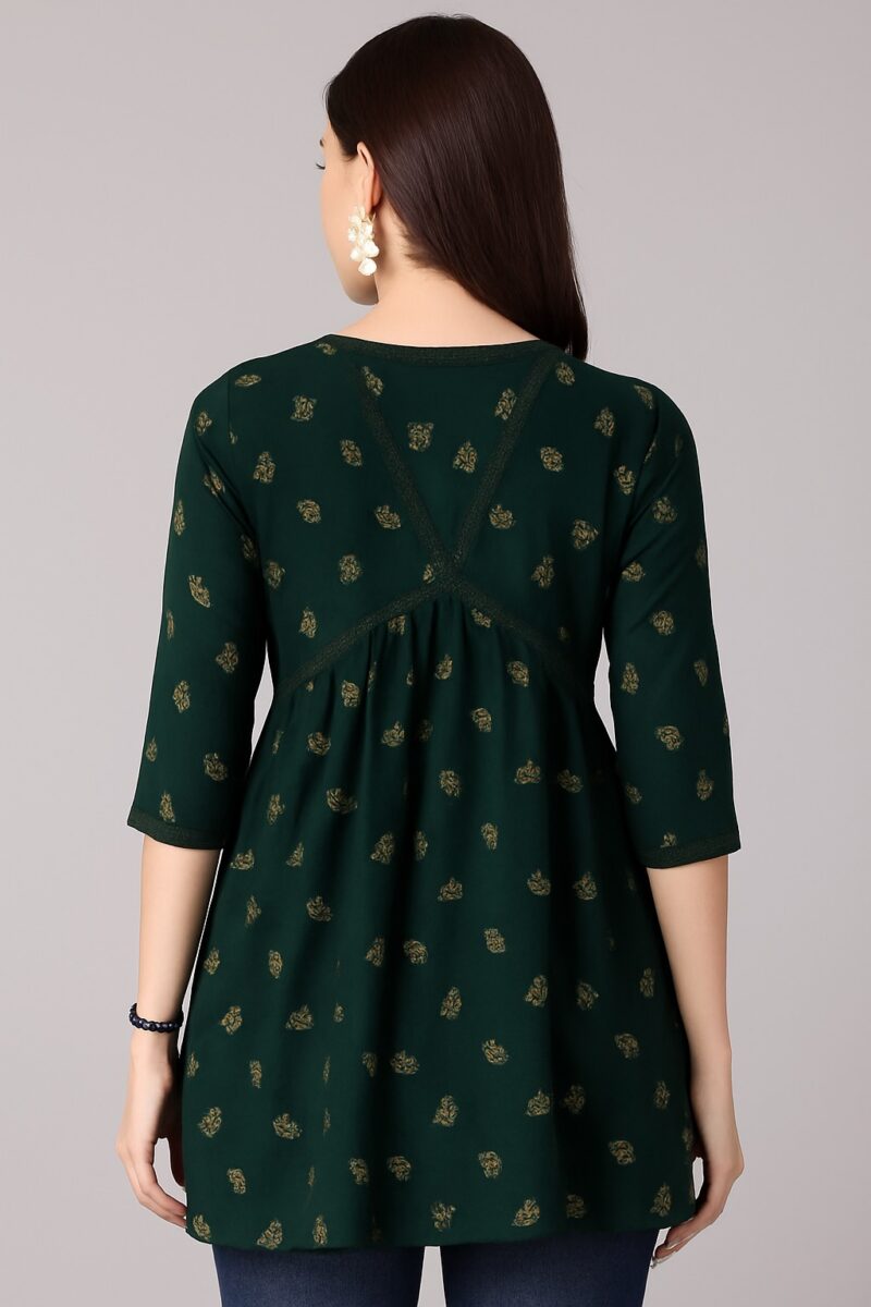 Dark Green Ethnic Printed Cotton Peplum Top - Image 3