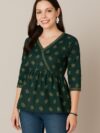 Dark Green Ethnic Printed Cotton Peplum Top
