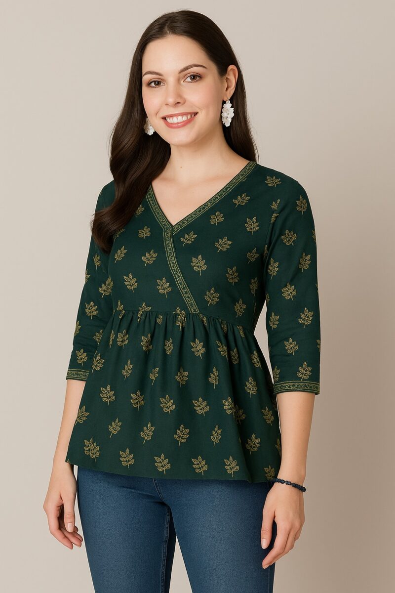 Dark Green Ethnic Printed Cotton Peplum Top - Image 2