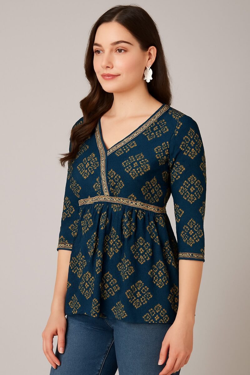 Navy Blue Ethnic Printed Rayon Peplum Top - Image 2