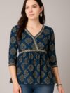 Navy Blue Ethnic Printed Rayon Peplum Top