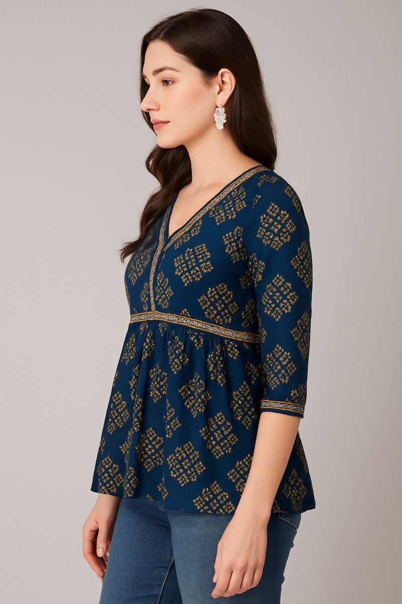 Navy Blue Ethnic Printed Rayon Peplum Top - Image 3