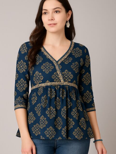 Navy Blue Ethnic Printed Rayon Peplum Top