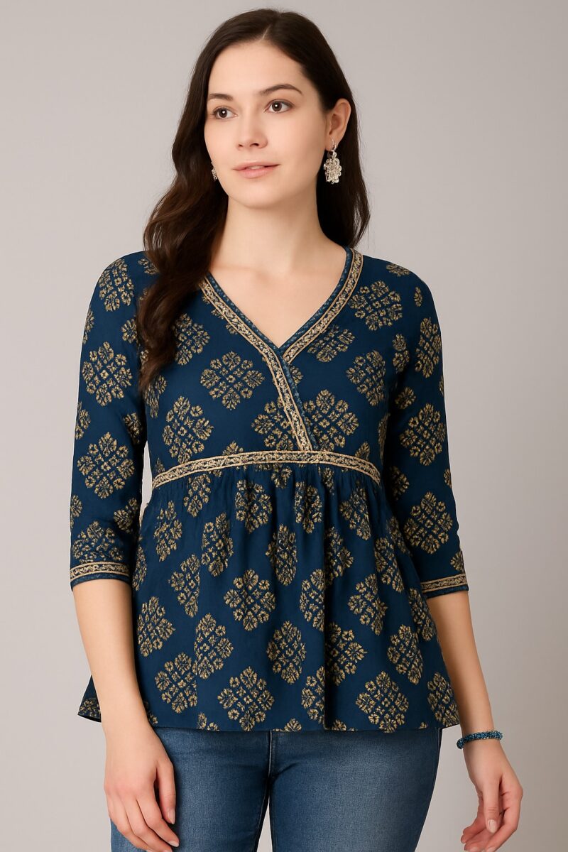 Navy Blue Ethnic Printed Rayon Peplum Top