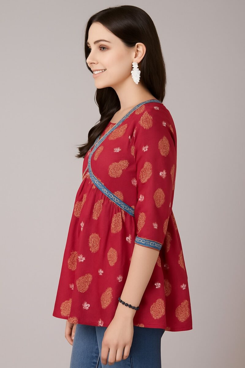 Red Ethnic Printed Cotton Peplum Top - Image 2