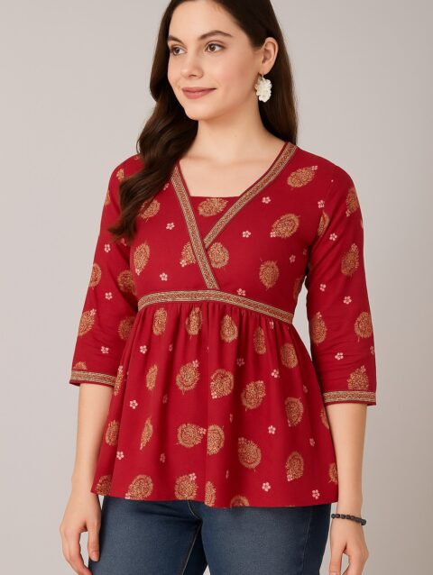 Red Ethnic Printed Cotton Peplum Top