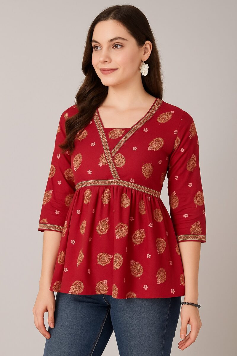 Red Ethnic Printed Cotton Peplum Top