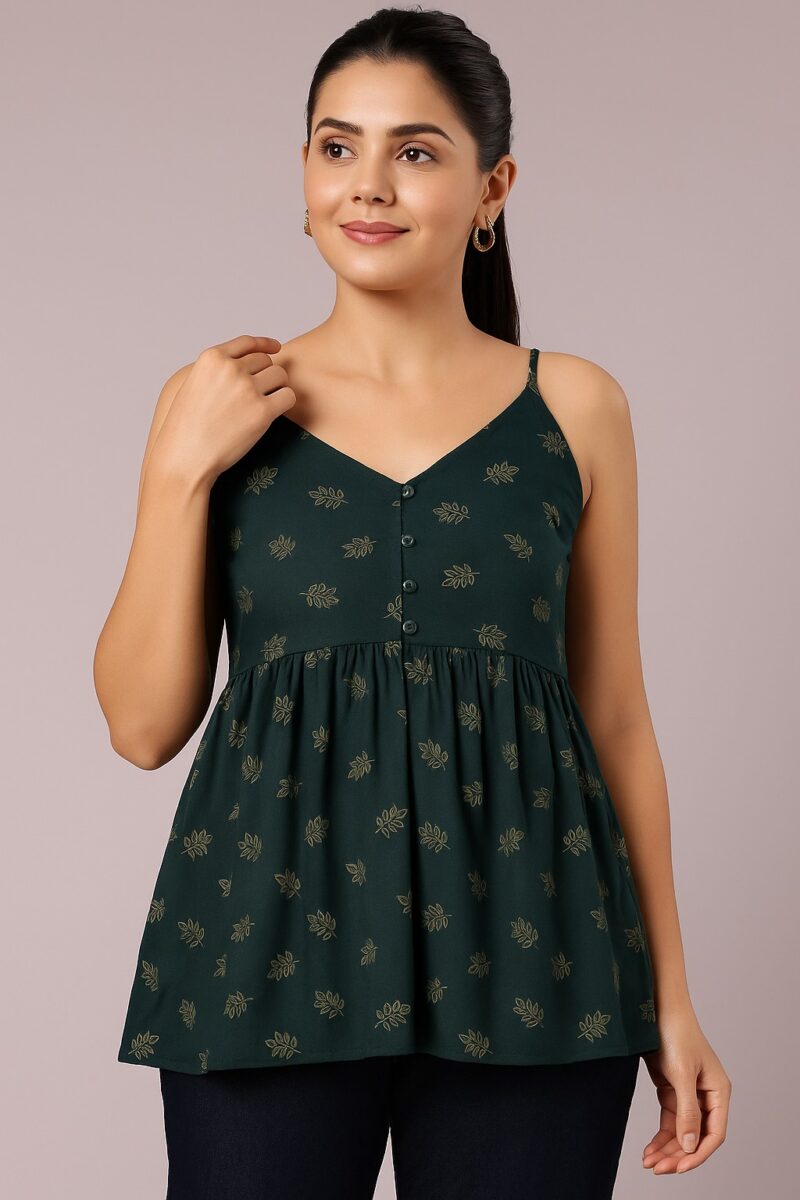 Green Printed Spaghetti Strap Peplum Top