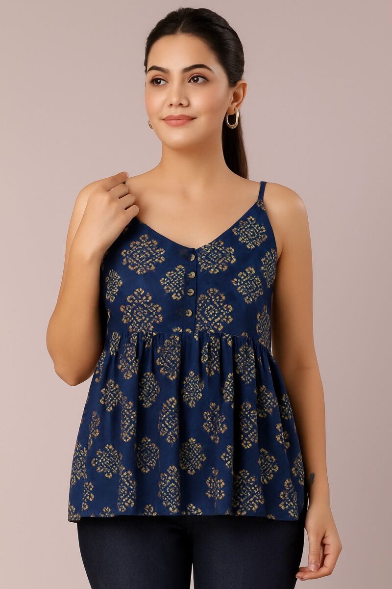 Navy Blue Geometric Print Spaghetti Strap Peplum Top