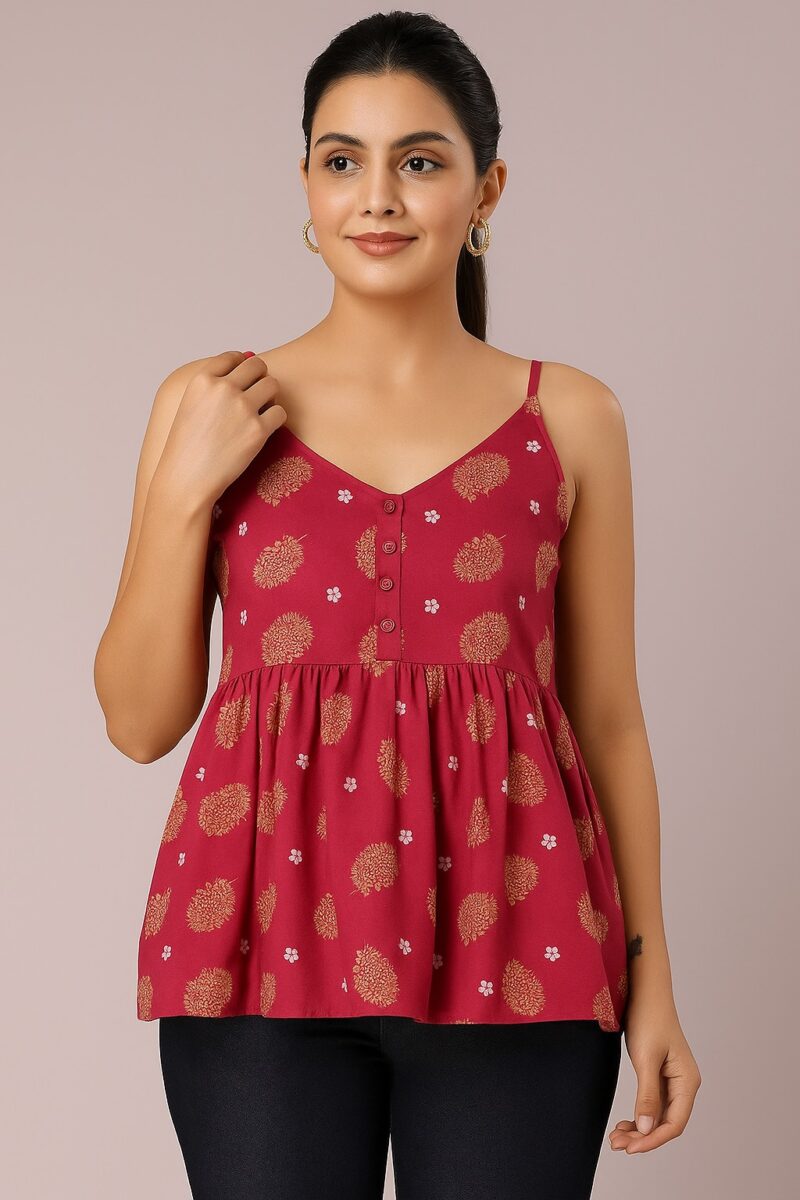 Women's Maroon Printed Rayon Peplum Top