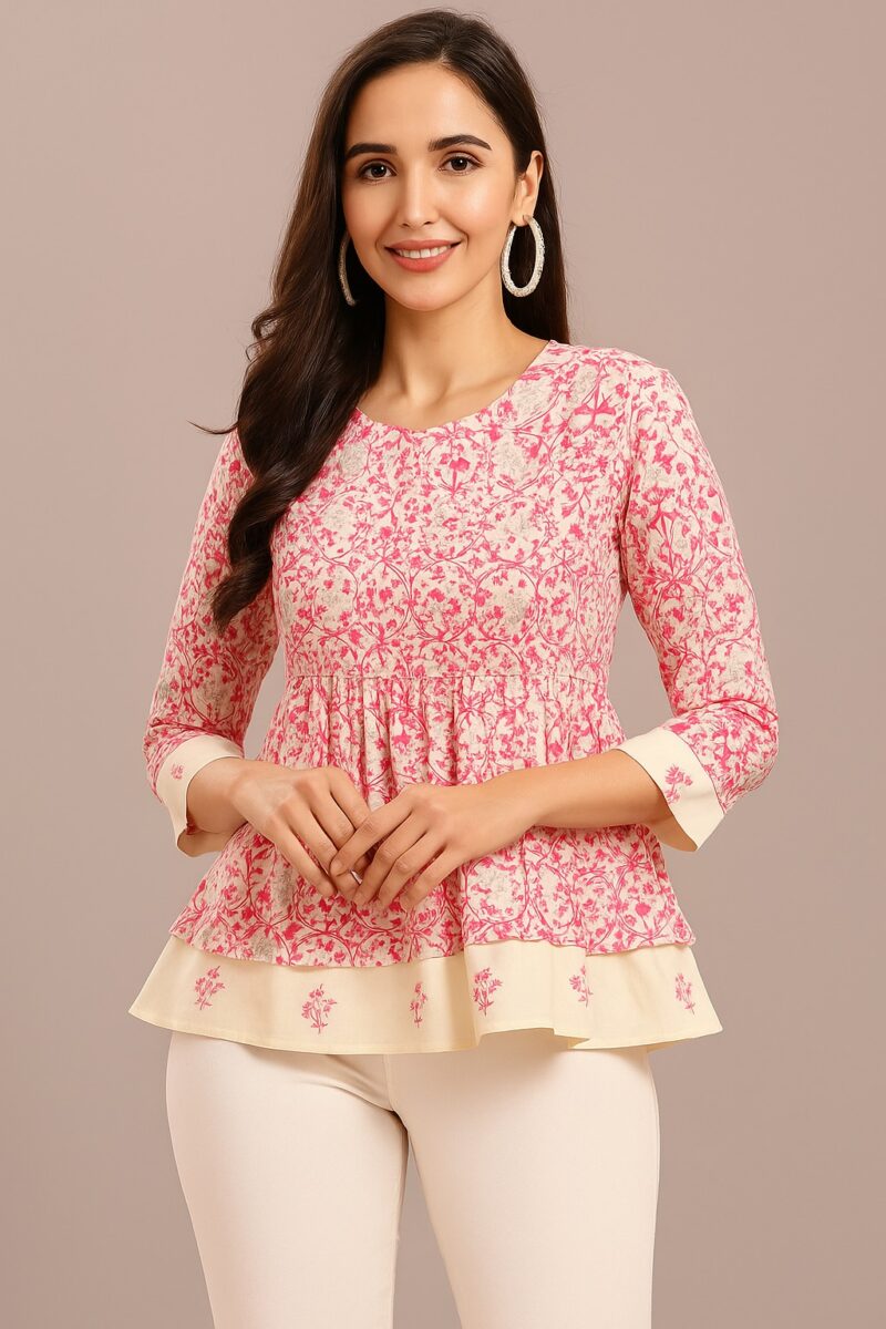 Women's Pink & Cream Layered Rayon Peplum Top