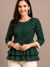 Women's Green Printed Rayon Tiered Peplum Top