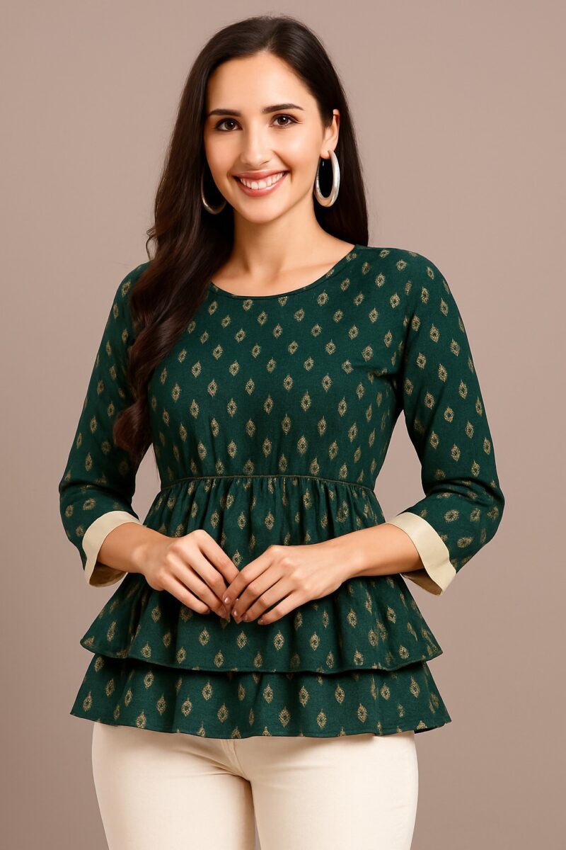 Women's Green Printed Rayon Tiered Peplum Top