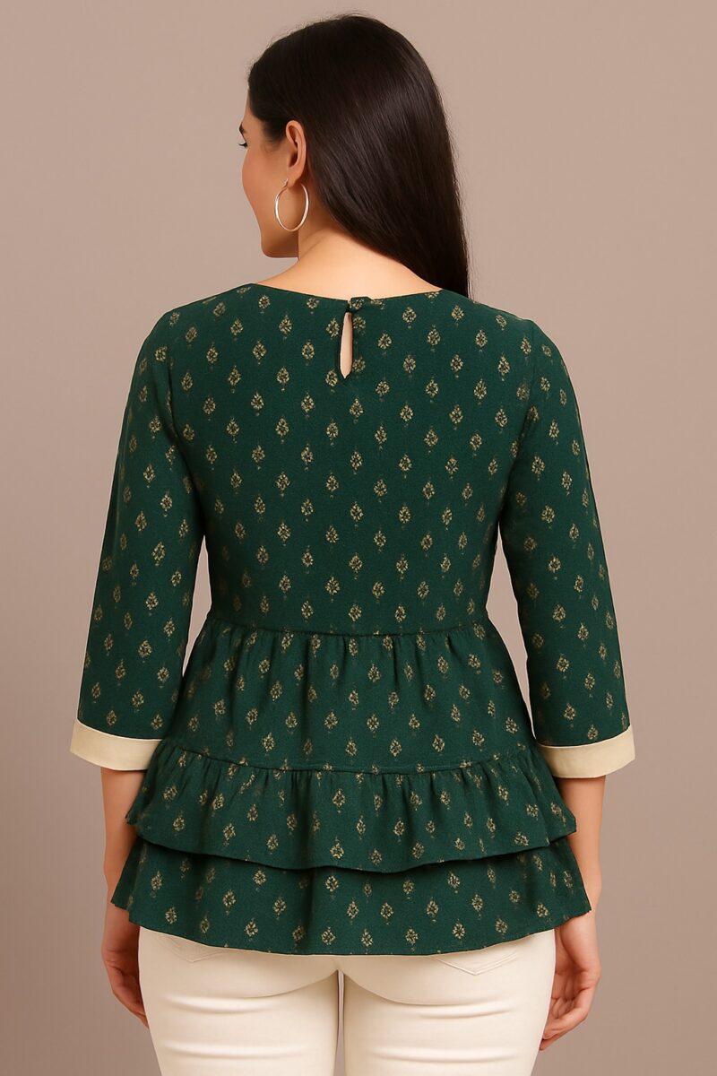 Women's Green Printed Rayon Tiered Peplum Top - Image 2