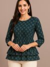 Women's Navy Blue Ethnic Printed Rayon Peplum Top