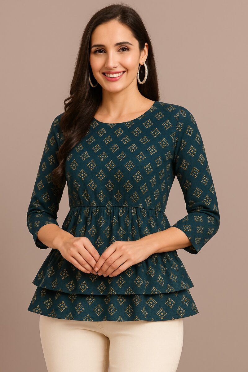 Women's Navy Blue Ethnic Printed Rayon Peplum Top