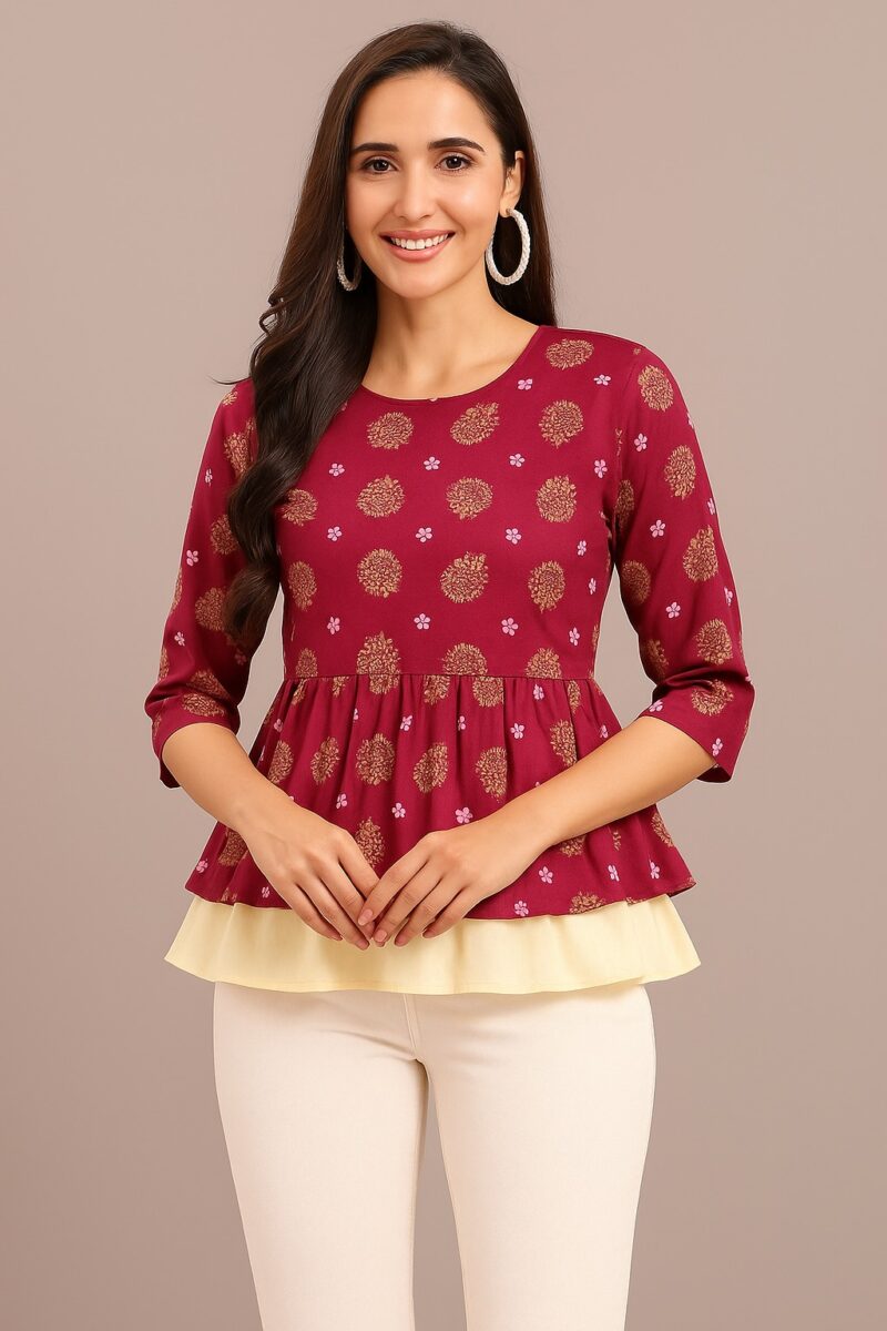 Women's Maroon Floral Printed Rayon Peplum Top