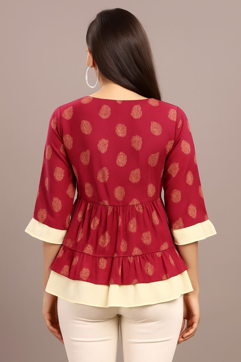 Women's Maroon Floral Printed Rayon Peplum Top - Image 2