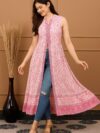 Women's Pink Sleeveless Printed Rayon A-Line Kurta