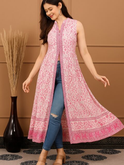 Women's Pink Sleeveless Printed Rayon A-Line Kurta