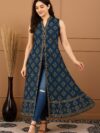 Women's Teal Blue Sleeveless Printed Rayon A-Line Kurta