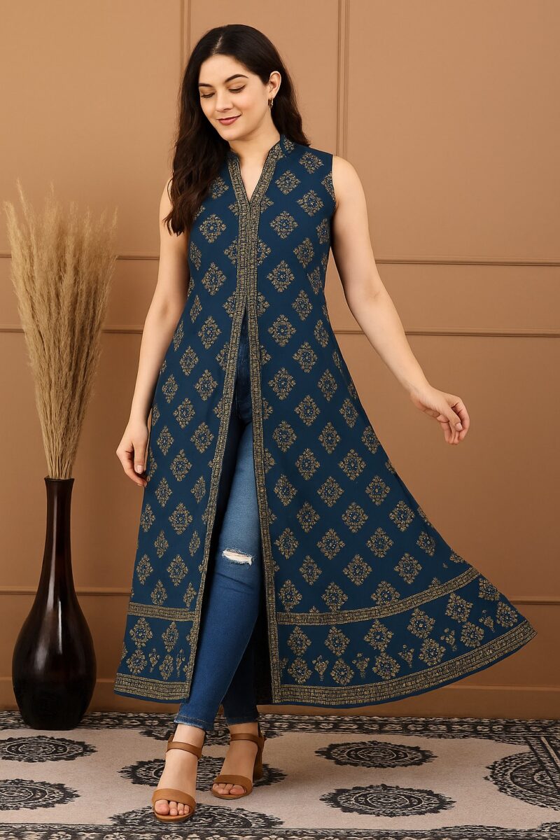Women's Teal Blue Sleeveless Printed Rayon A-Line Kurta