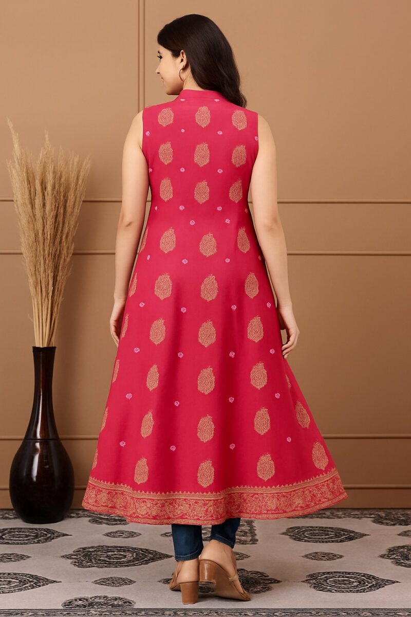 Women's Red Sleeveless Ethnic Printed Rayon A-Line Kurta - Image 2