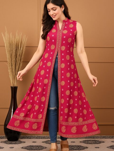 Women's Red Sleeveless Ethnic Printed Rayon A-Line Kurta