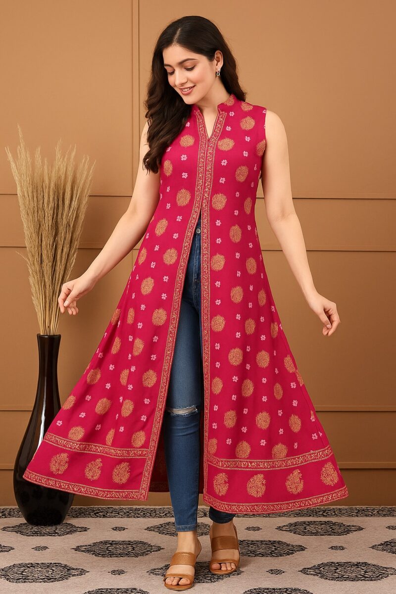 Women's Red Sleeveless Ethnic Printed Rayon A-Line Kurta