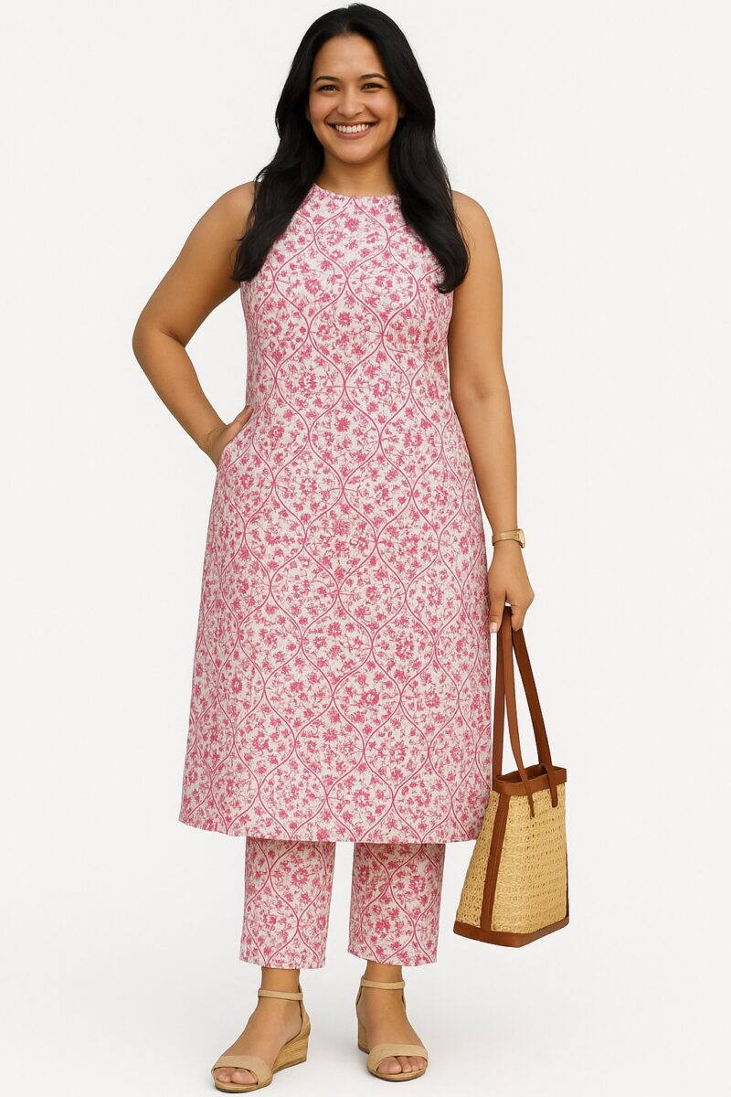 Women's Sleeveless Pink Floral Printed Kurta
