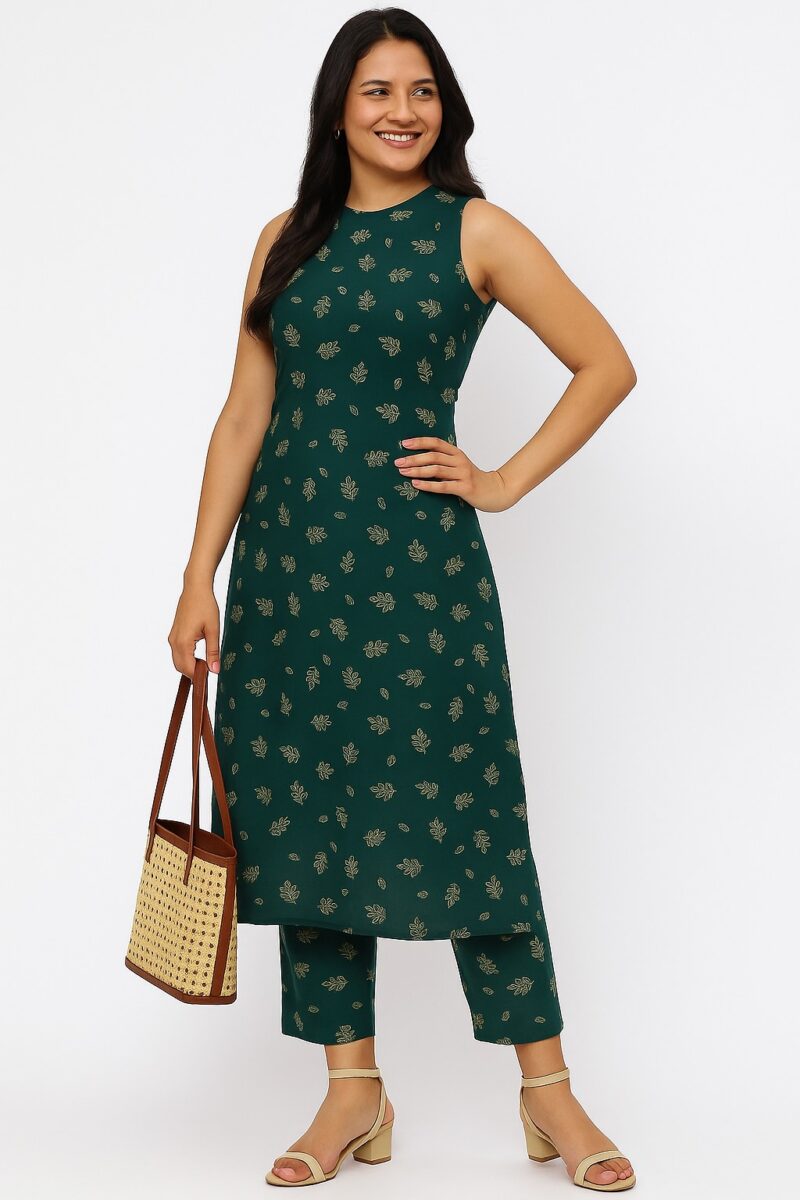 Women's Sleeveless Green Ethnic Printed Kurta Set