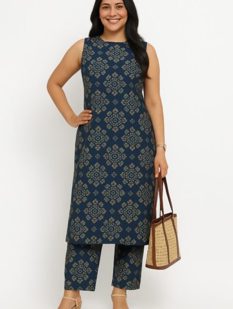Women's Sleeveless Navy Blue Ethnic Kurta