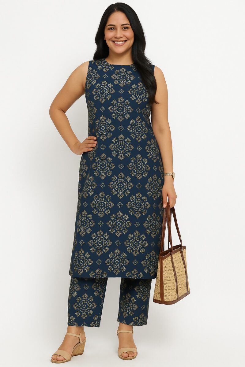 Women's Sleeveless Navy Blue Ethnic Kurta