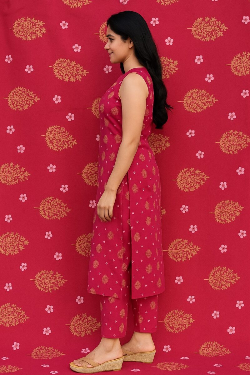 Women's Sleeveless Pink Kurta Set with Golden Motifs - Image 2