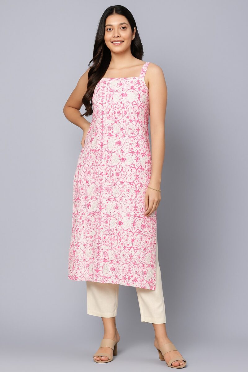 Women's Off-White & Pink Sleeveless Printed Kurta Set