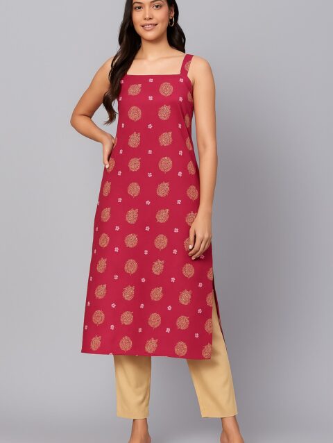 Maroon Printed Rayon Straight Kurta with Straps