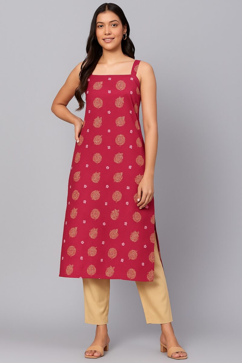 Maroon Printed Rayon Straight Kurta with Straps