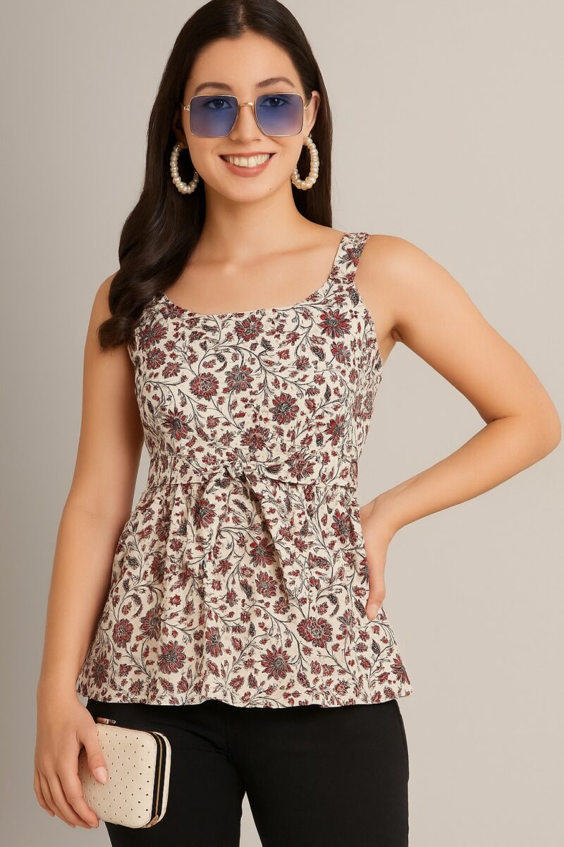 Elegant Handblock Sleeveless Cotton Peplum Top