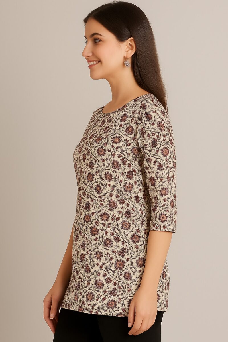 Floral Printed Cotton Straight Kurti – Beige & Maroon - Image 2