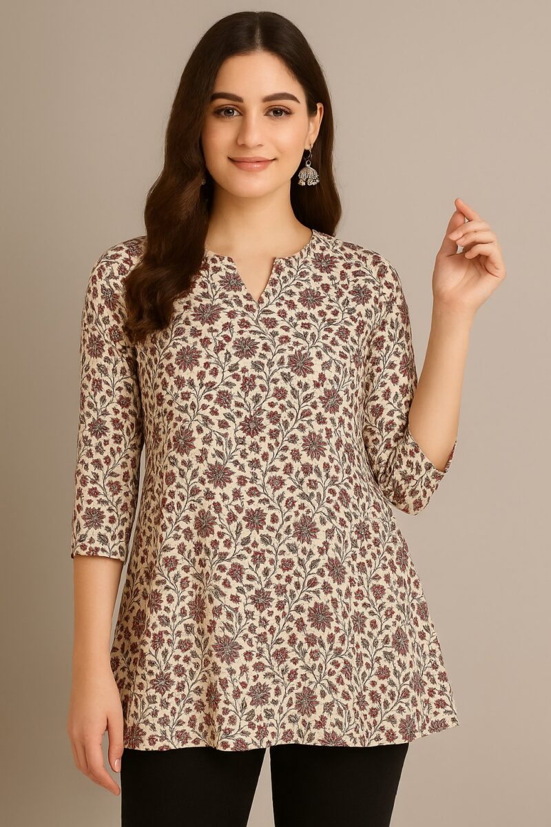 Floral Printed Cotton Straight Kurti – Beige & Maroon