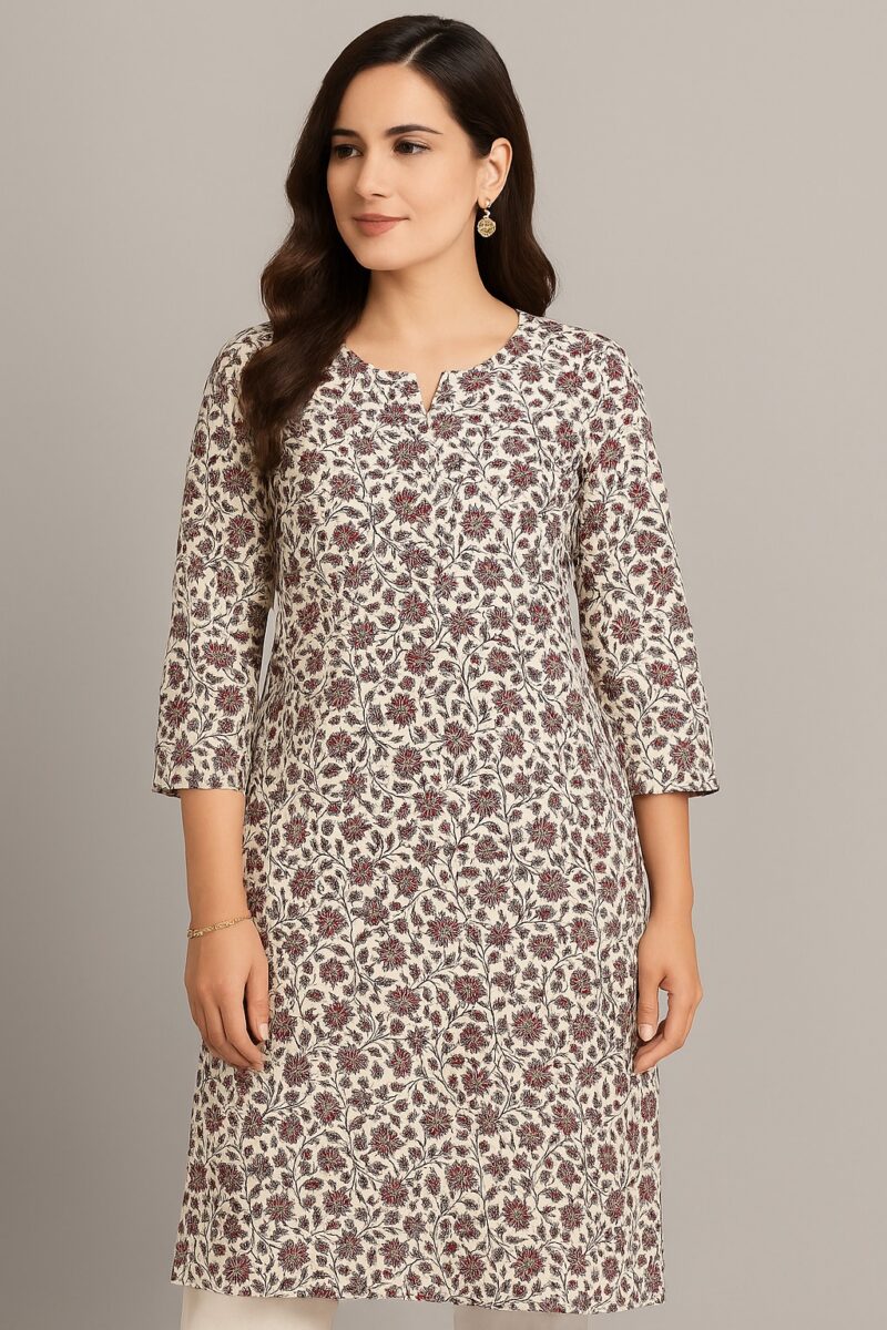 Floral Printed Rayon Straight Kurti – Beige & Red