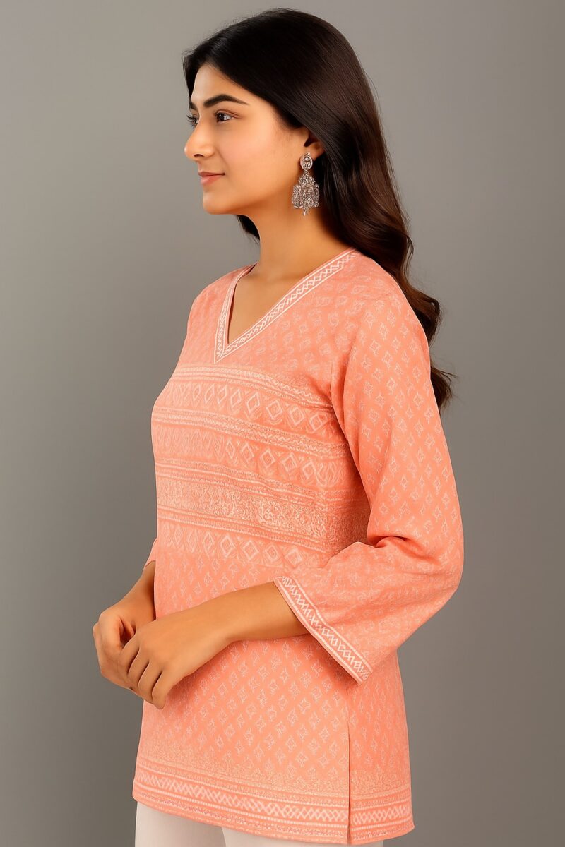 Peach Printed V-Neck 3/4 Sleeve Kurti - Image 2