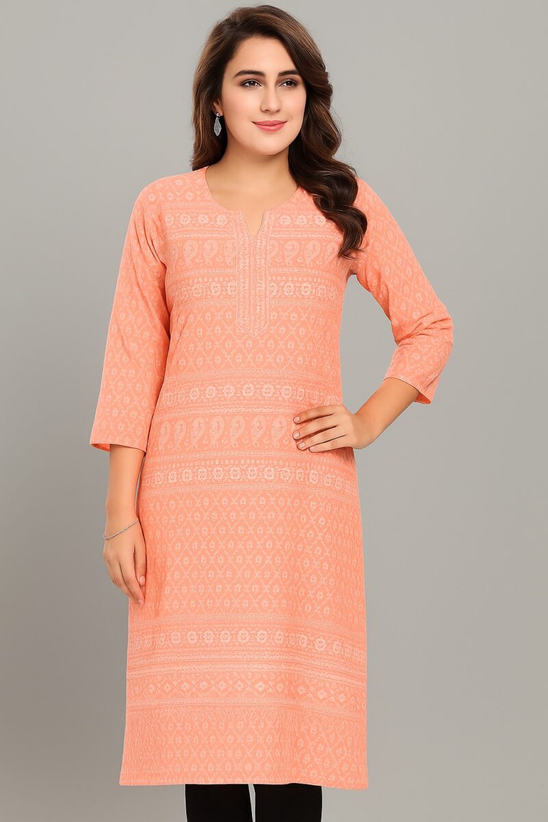 Peach Printed A-Line Kurti
