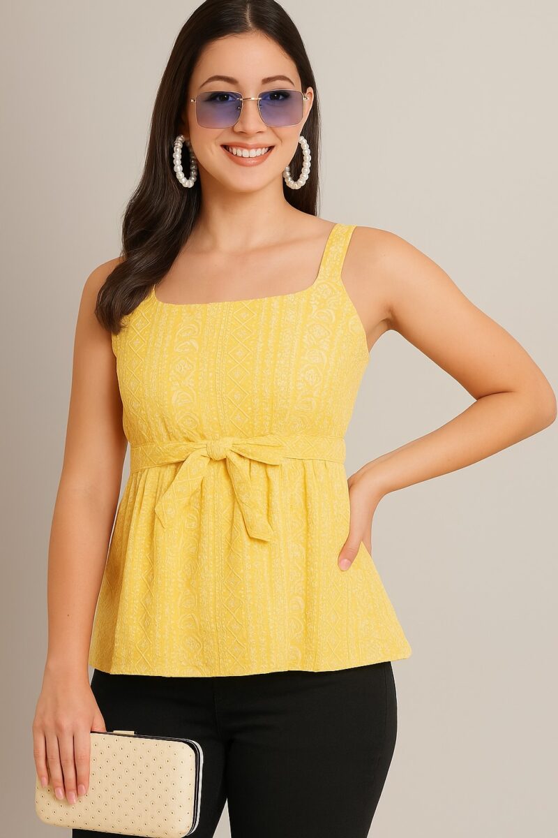Yellow Printed Top with Bow Tie