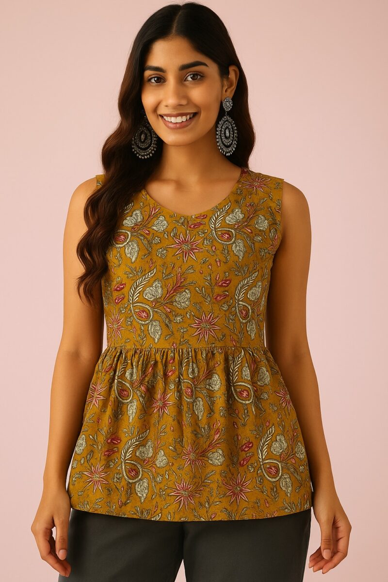 Floral Printed Sleeveless Peplum Top – Mustard Rayon