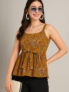 Mustard Printed Sleeveless Top with Waist Tie-Up