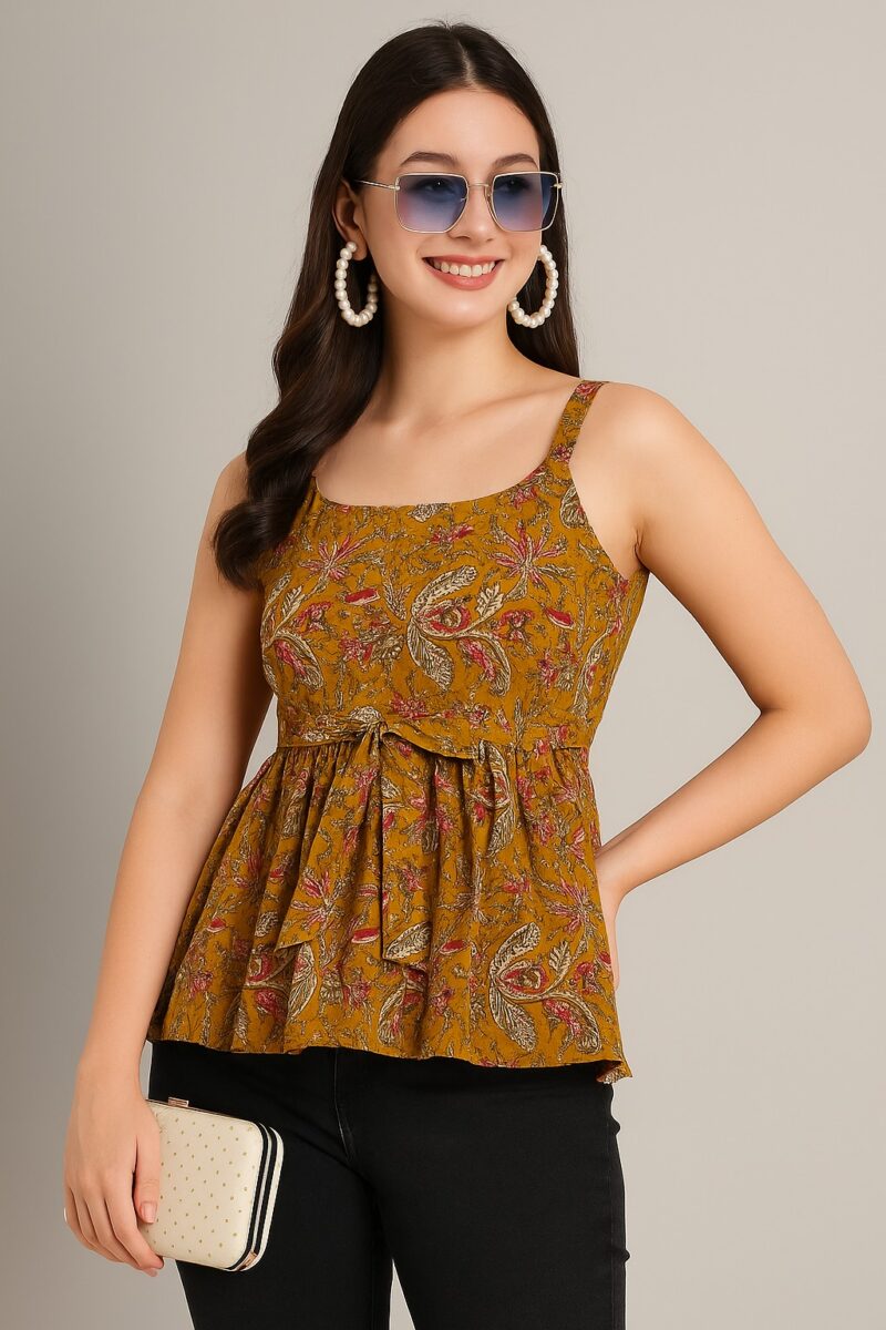 Mustard Printed Sleeveless Top with Waist Tie-Up