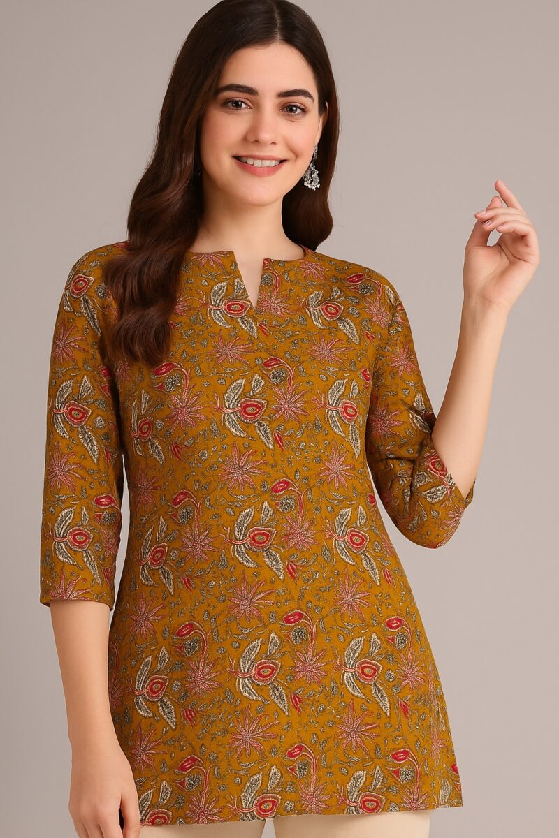 Floral Printed Mustard Nylon Kurti