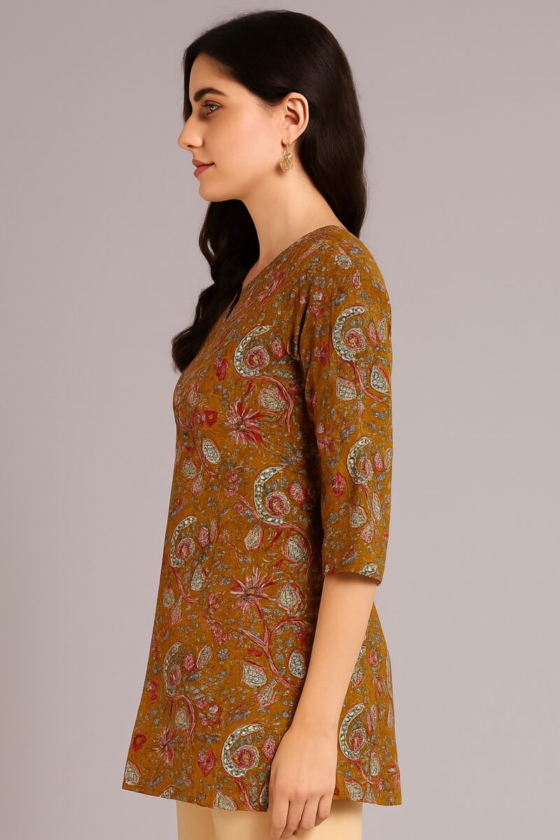 Floral Printed Mustard Nylon Straight Kurti - Image 3