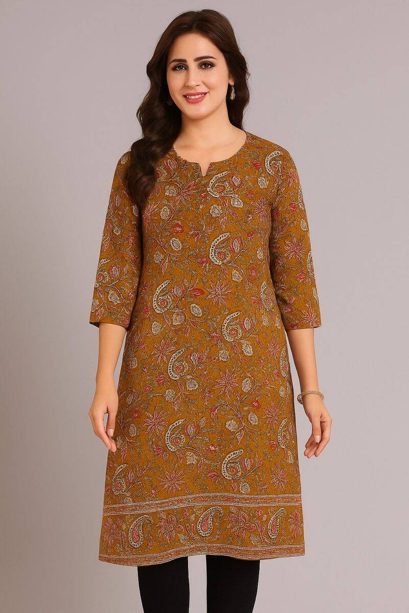 Floral Printed Mustard Nylon Straight Kurti